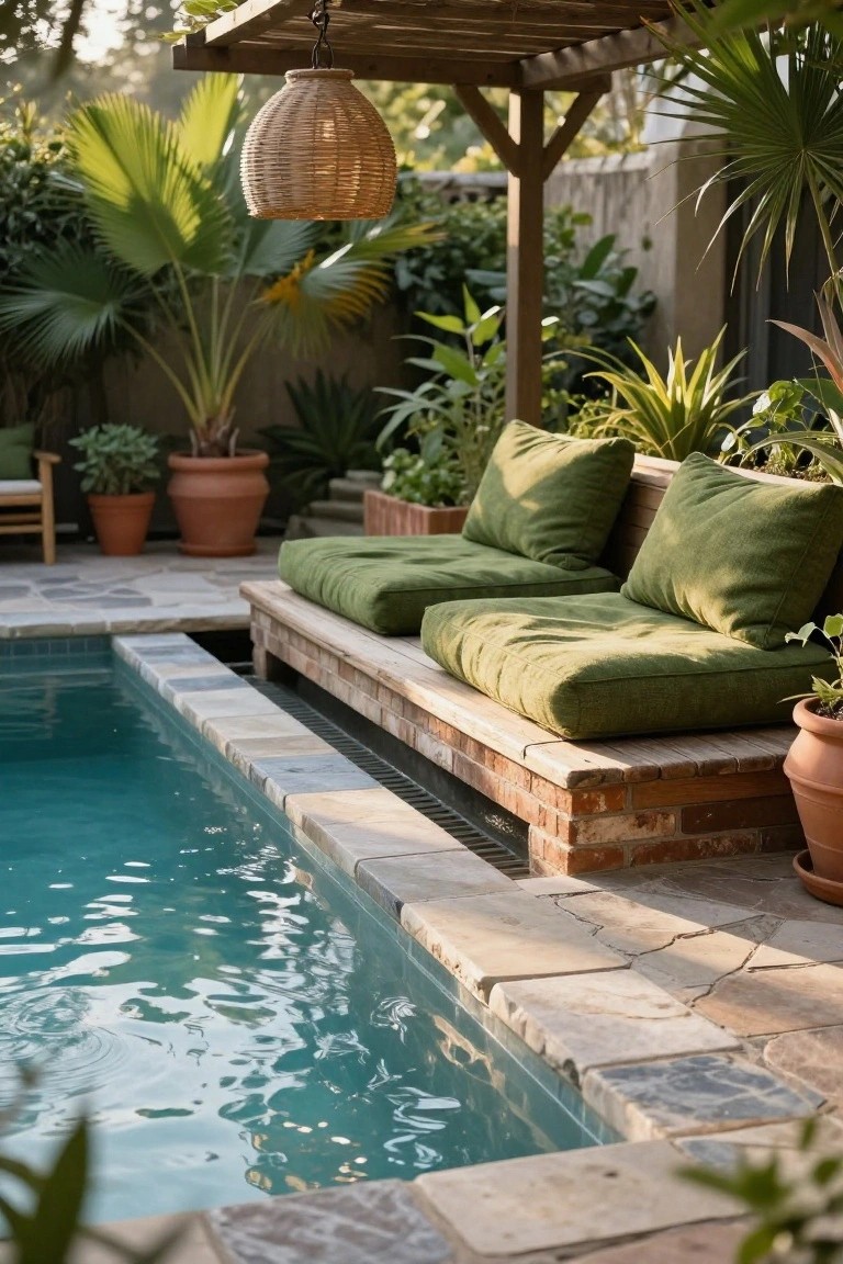 A rectangular swimming pool with a built-in wooden bench seating area covered in green cushions, set against a brick base and surrounded by tropical plants and potted greenery.