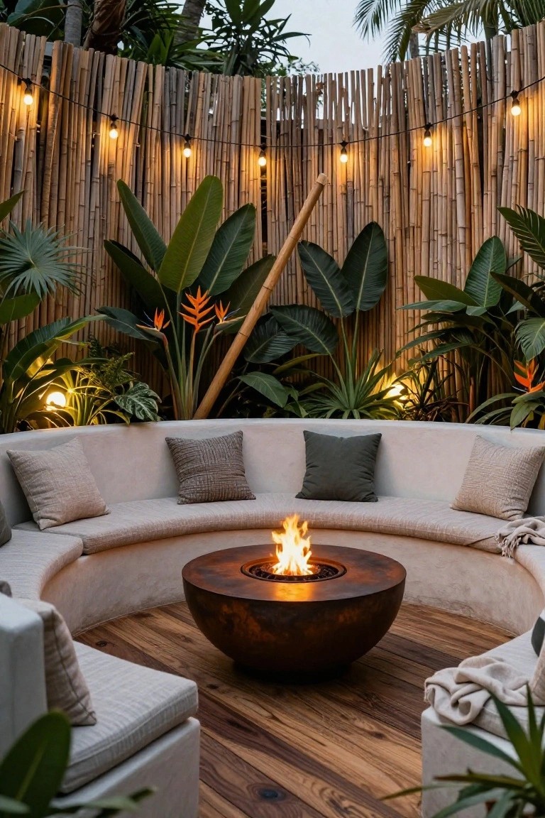 A curved outdoor sofa surrounds a round metal fire pit on a wooden deck, backed by a bamboo fence and tropical plants with string lights overhead.