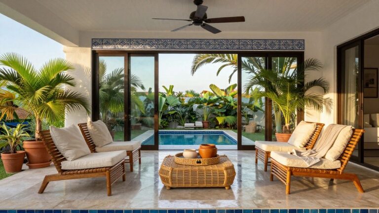 Two rattan lounge chairs with white cushions beside a blue-tiled pool with palms.