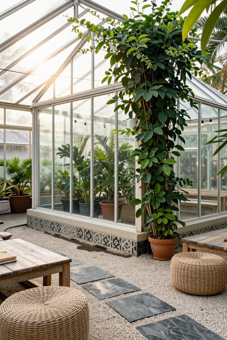Interior of a glass greenhouse with many potted tropical plants, gravel floor, woven stools, and wooden tables.