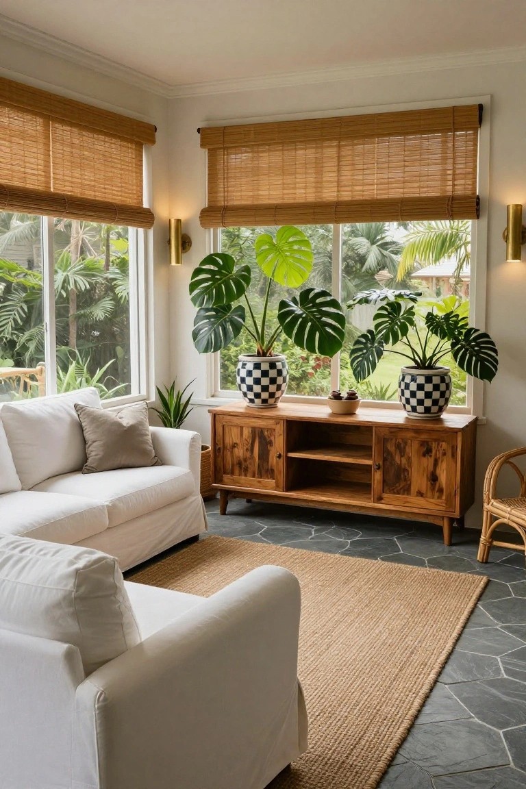 A bright living room with white sofas, a wooden console holding two large monstera plants in black and white checkered pots, and windows fitted with rolled bamboo blinds overlooking a tropical garden.