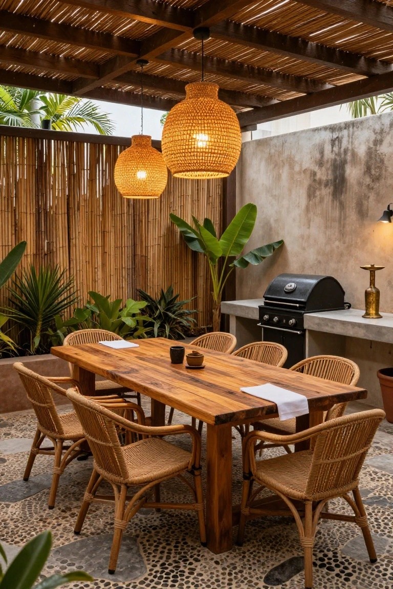 A long wooden dining table with rattan chairs is placed on a pebble stone patio beneath a thatched roof, with large woven pendant lights hanging above and tropical plants and a grill in the background.