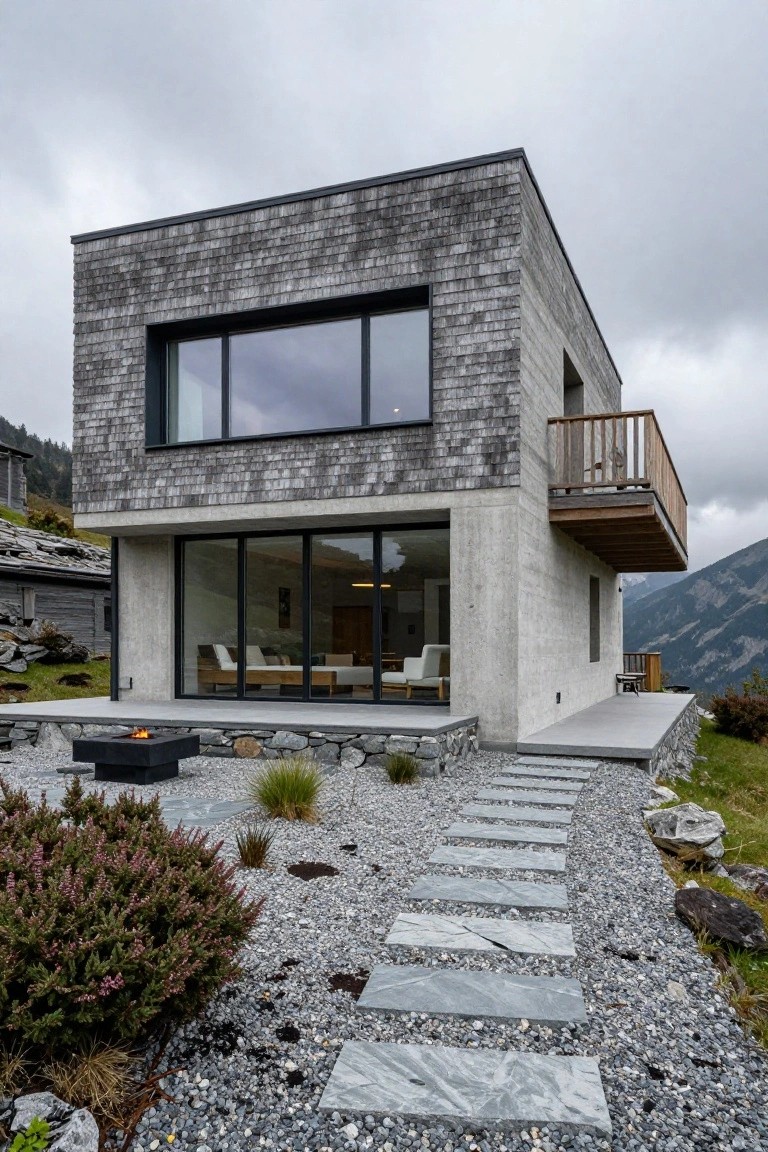 Modern two-story villa with concrete walls, gray shingle siding, large glass windows, and a wooden cantilevered balcony above a stone patio with steps leading to a gravel garden.