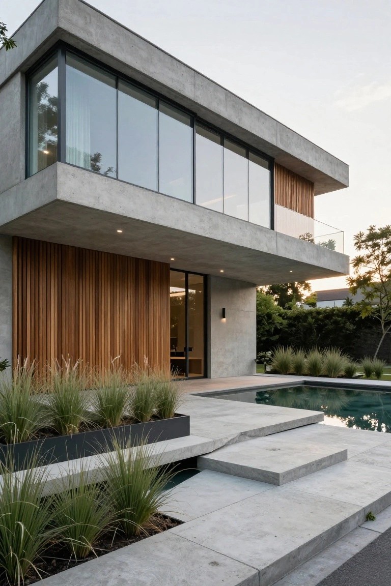 A modern concrete villa with a prominent cantilevered upper floor, large glass windows, wood accents on the lower level, and a swimming pool beside concrete steps.