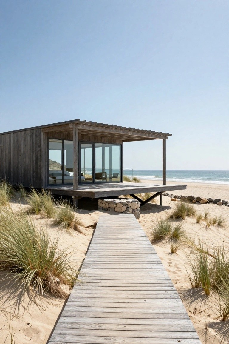 A modern wooden beach house with a large cantilevered deck supported by minimal posts, floor-to-ceiling glass walls, and a wooden boardwalk leading across sand dunes to the ocean.