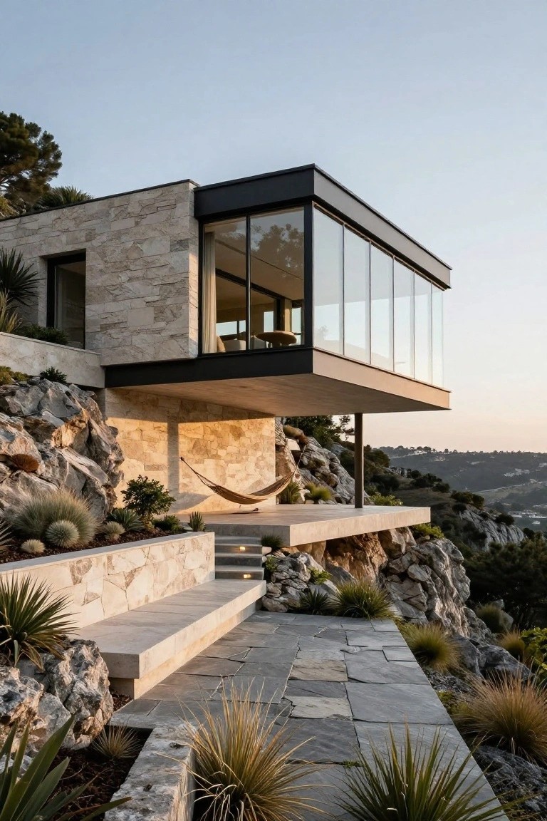 A modern stone and glass villa with a large cantilevered upper level extending over a rocky hillside, supported by a single pillar and featuring wide glass walls.