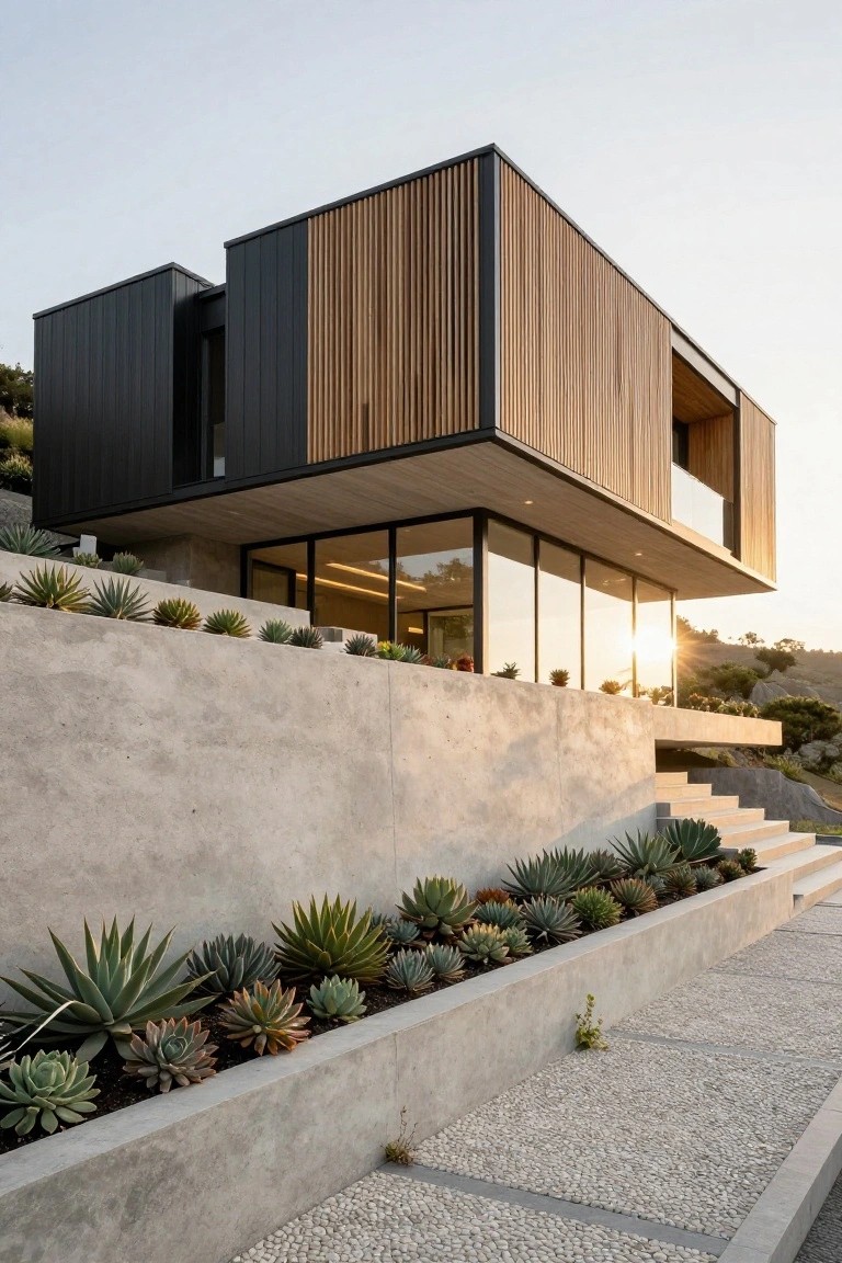 Modern hillside home with black-wood facade, glass windows, concrete walls and succulent garden at sunset.