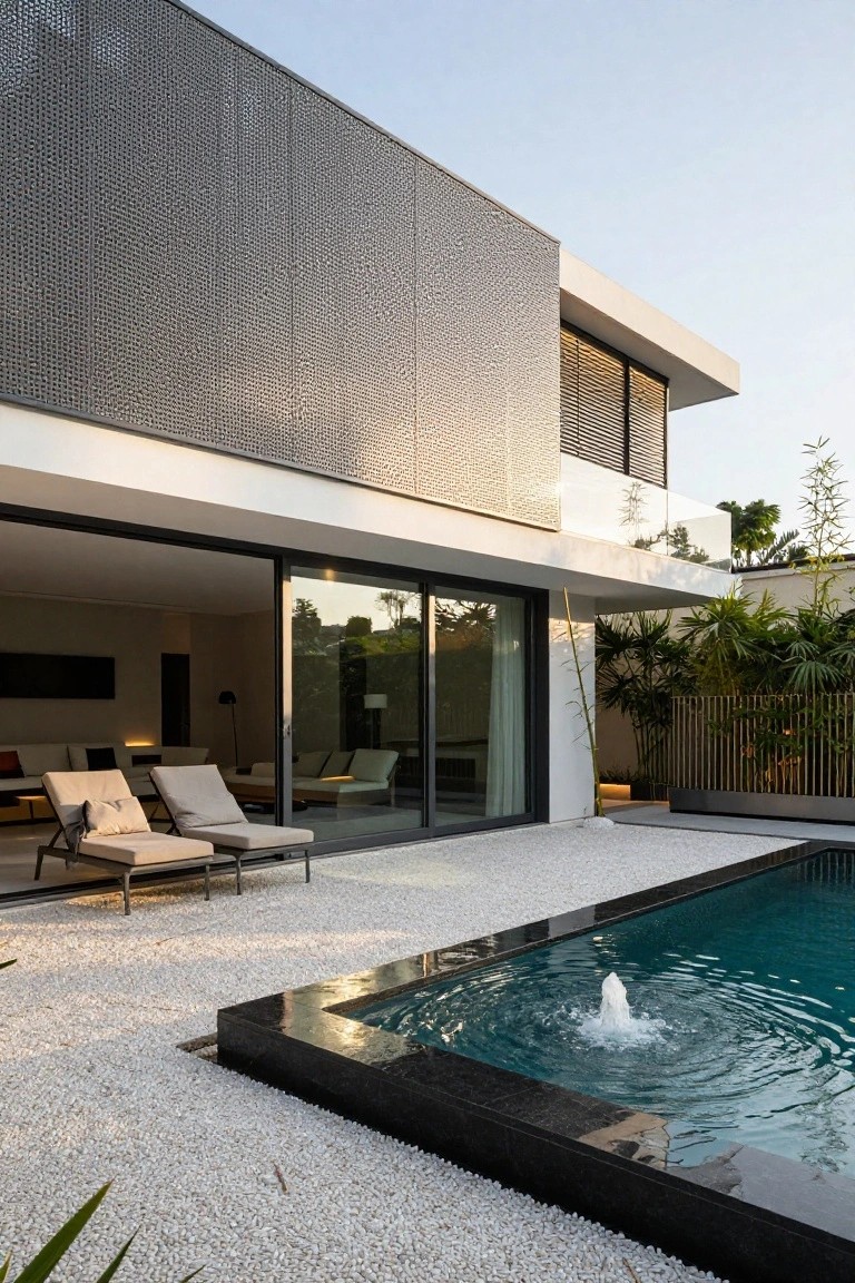 Modern villa exterior with a cantilevered upper level featuring a perforated metal screen, large glass sliding doors opening to a pebble patio, and a rectangular pool with a small fountain.