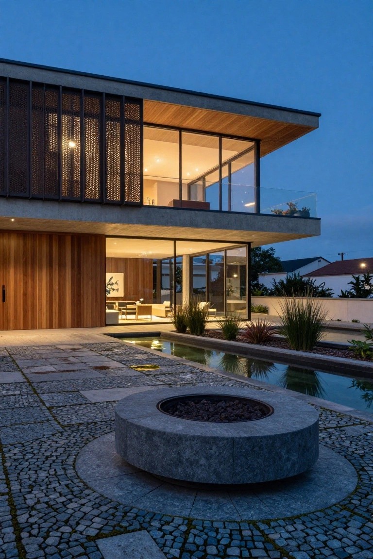 Modern two-story villa with a prominent concrete cantilevered upper floor, large glass walls on the ground level, a circular stone fire pit in the foreground, and a long reflecting pool beside a paved courtyard at dusk.