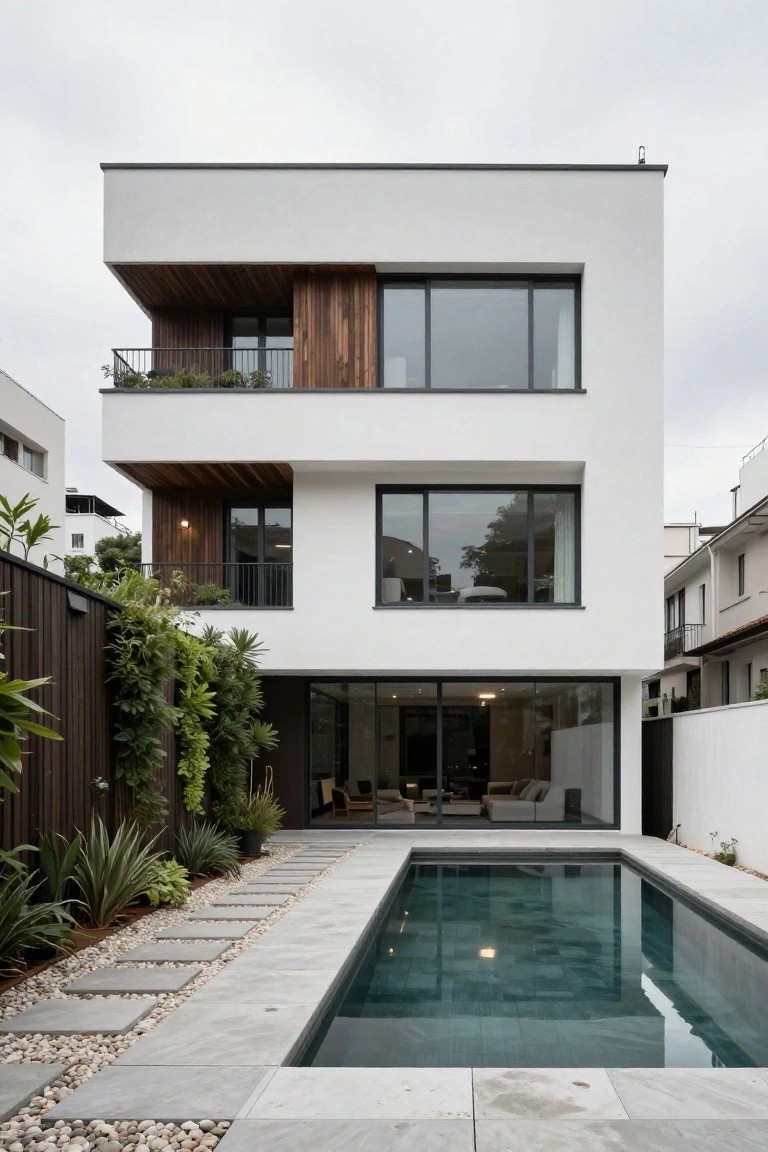 A modern white villa with multiple cantilevered upper levels, wood accents, large glass windows, and a long rectangular pool in front.