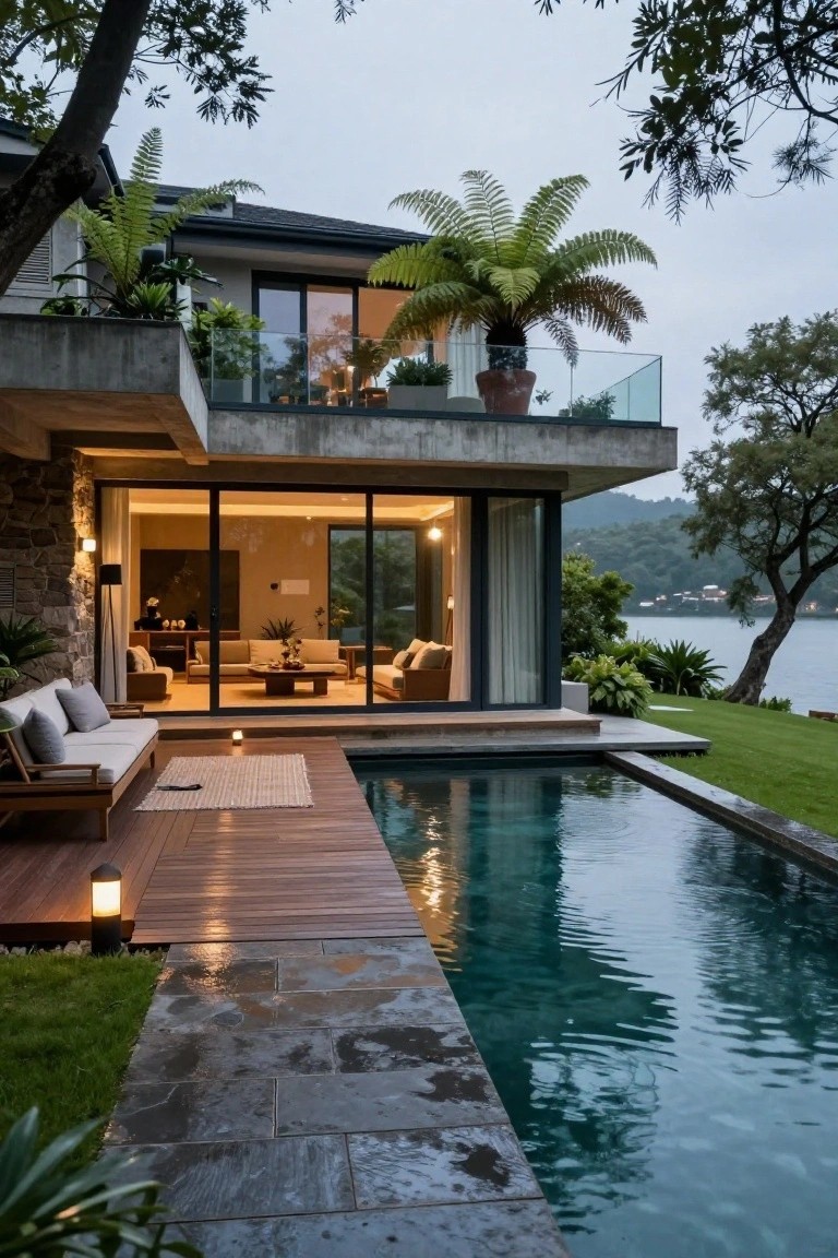 A modern villa with a cantilevered concrete upper floor, large glass walls, and a pool on the wooden deck below.