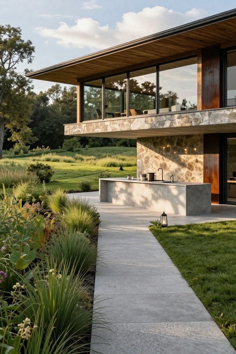 A modern house with a cantilevered upper floor of wood and glass above a stone wall and outdoor kitchen, with a concrete path leading through landscaping.