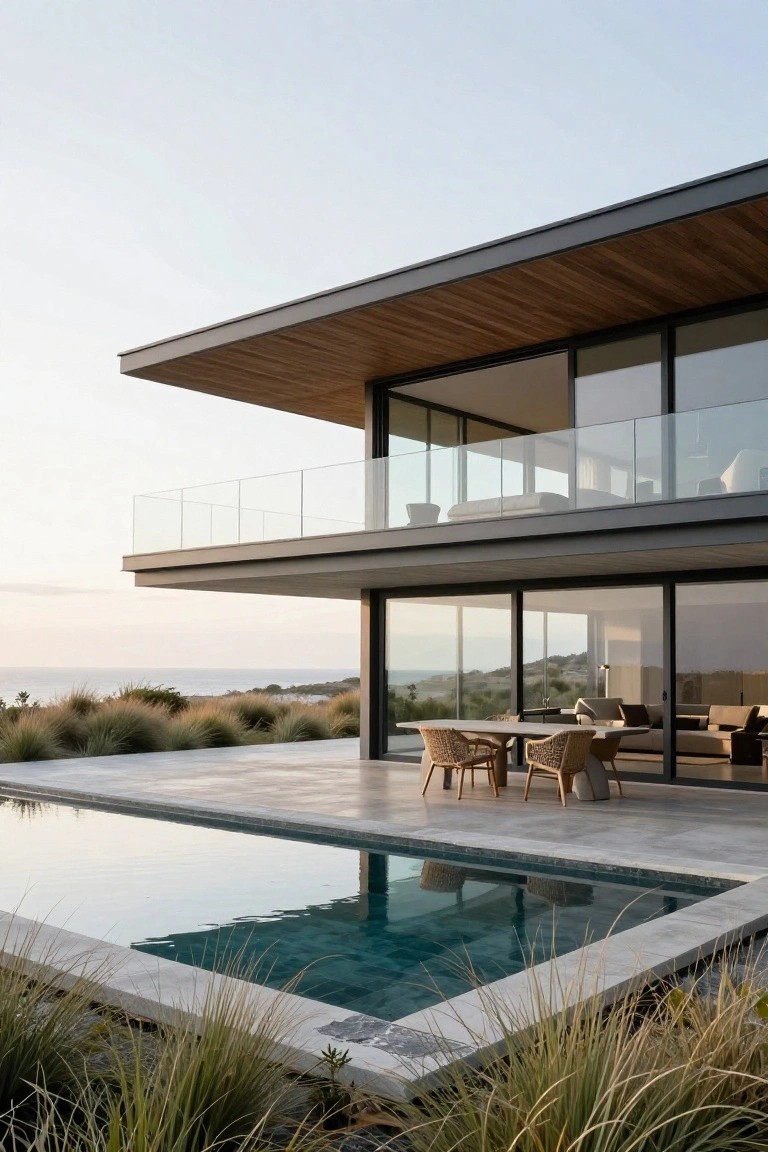 Modern villa with a large cantilevered upper floor over a poolside terrace, featuring wood soffit, extensive glass walls, and ocean views.