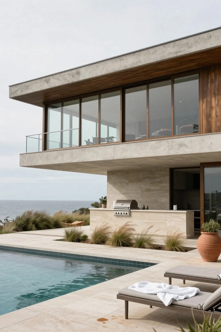 Modern concrete villa with infinity pool, outdoor grill and lounge chairs by sea