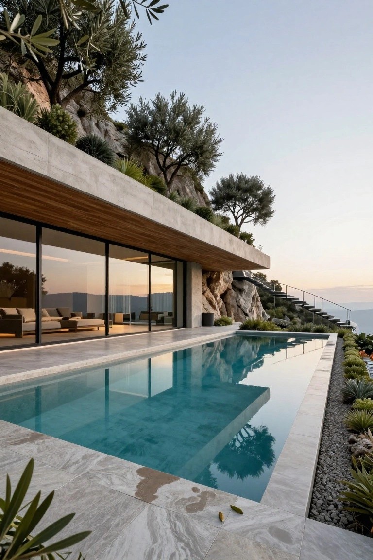 Modern villa exterior with a long cantilevered concrete roof, floor-to-ceiling glass walls, and a rectangular pool set against a rocky hillside.