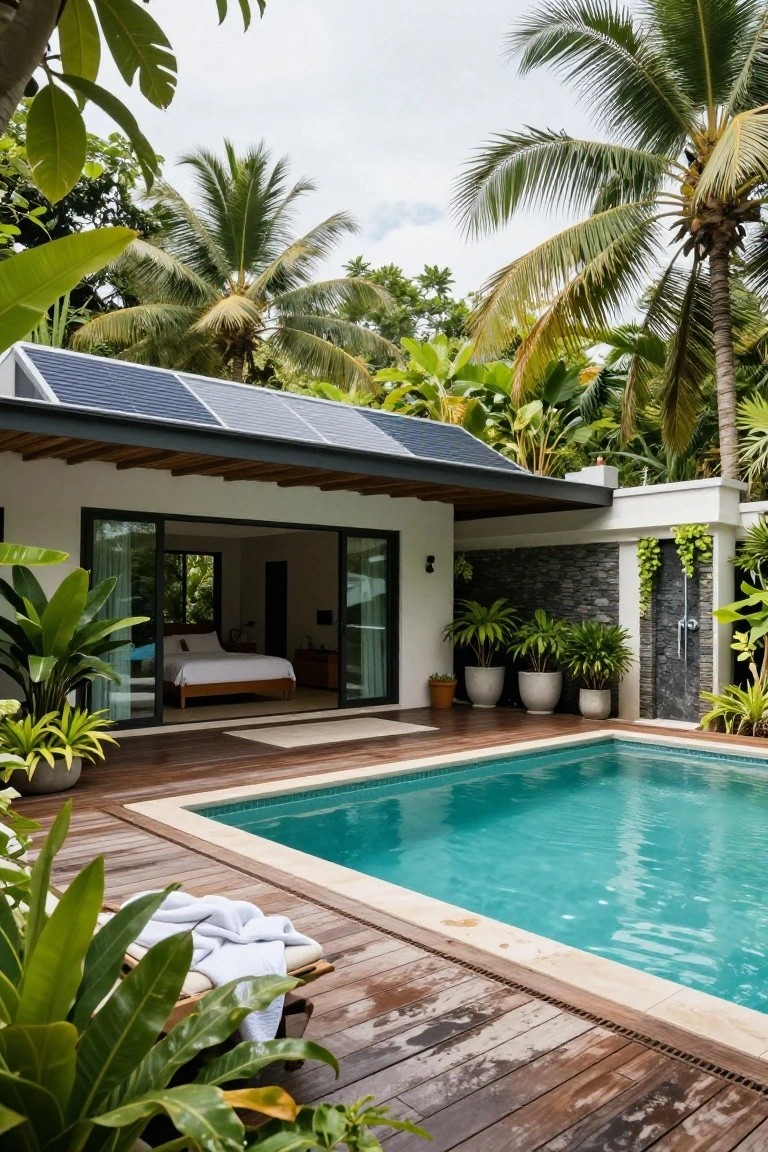 A modern villa with a pool on a wooden deck, a cantilevered roof with solar panels, large open glass doors to a bedroom, and tropical plants around the space.