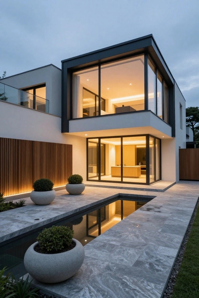 Modern two-story villa with a prominent cantilevered upper floor clad in dark framing and large glass walls, overlooking a paved courtyard with a narrow reflecting pool and potted plants.