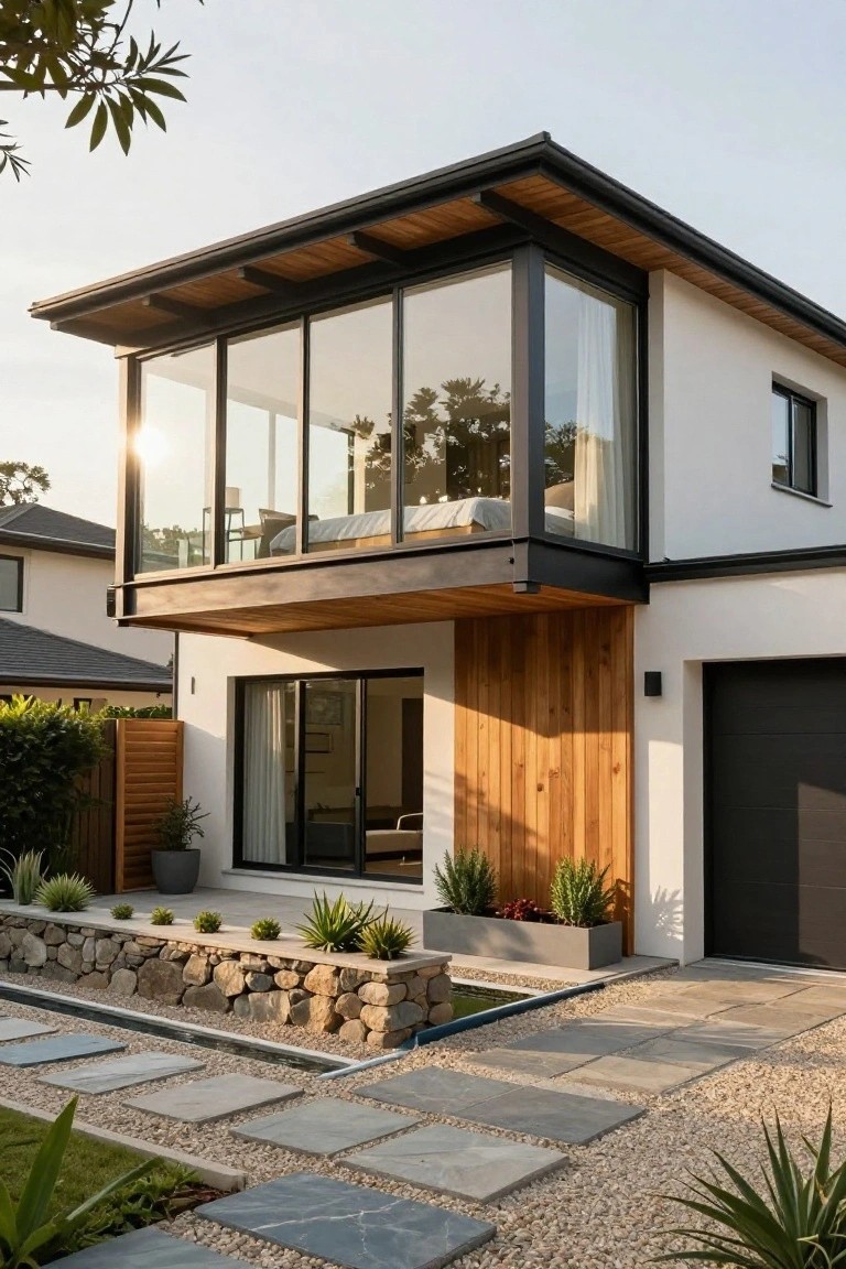 Modern two-story house with a prominent cantilevered upper level clad in large glass panels and wood accents on the lower facade.
