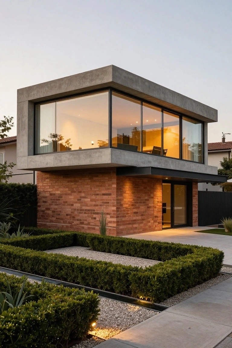 A modern two-story house with a cantilevered concrete upper floor and large glass walls above a red brick base, viewed from the front garden at dusk.
