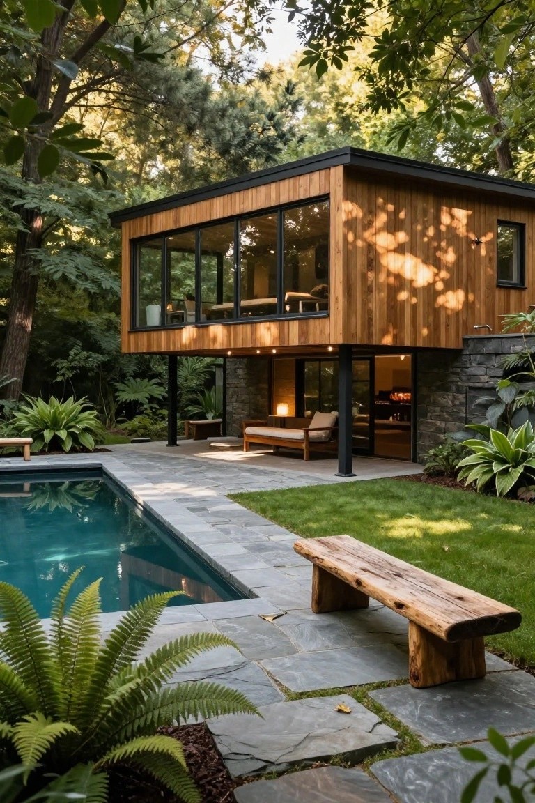 A modern two-story wooden house with a cantilevered upper level on black pillars, large glass walls, a pool in the foreground, and stone paving with outdoor seating below the overhang.
