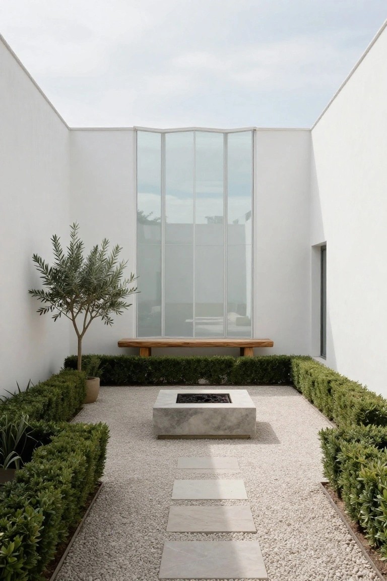 A minimalist white courtyard with a central stone fire pit on gravel, a low wooden bench against the back wall, and clipped green hedges along the sides.