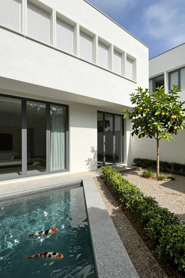 A modern white villa exterior with large sliding glass doors and a rectangular pool holding two koi fish, bordered by gravel and low shrubs.