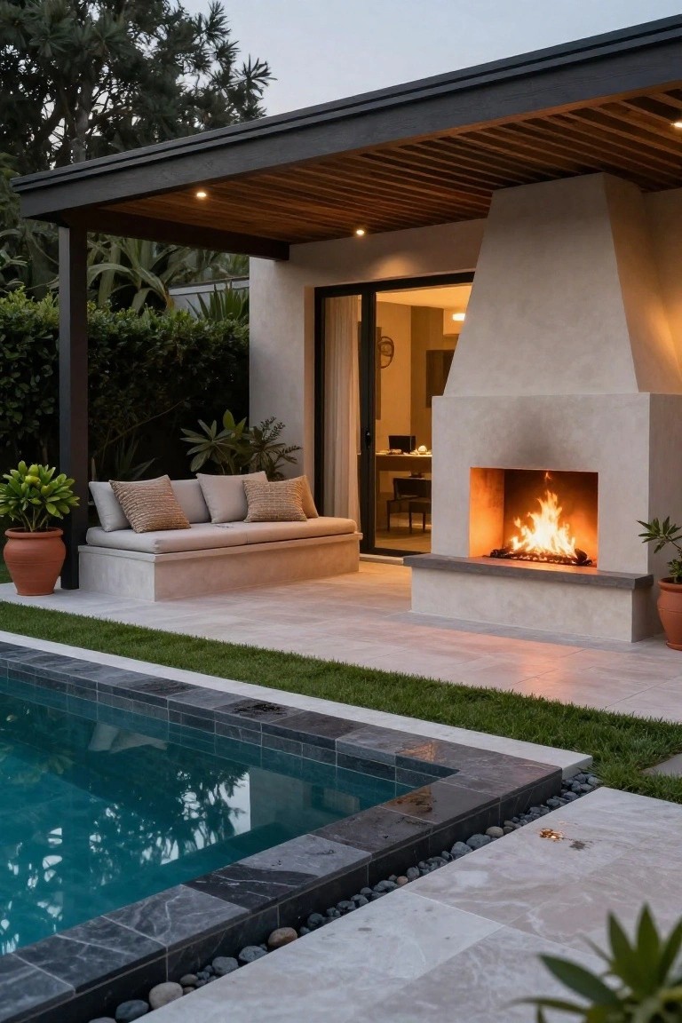 A modern outdoor patio features a large concrete fireplace with a burning fire, adjacent built-in seating with cushions, and a swimming pool in the foreground.