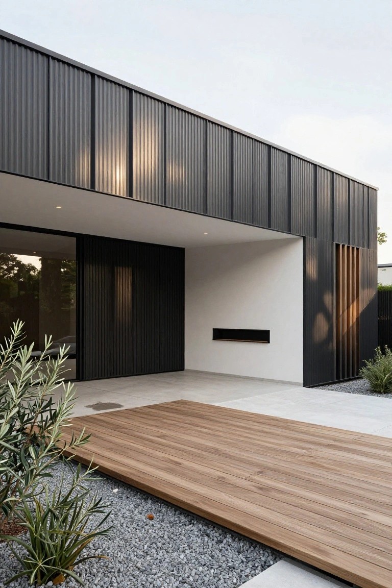Modern villa exterior with dark vertical corrugated metal cladding on the upper facade and select lower sections, set against smooth white walls and a wooden deck.