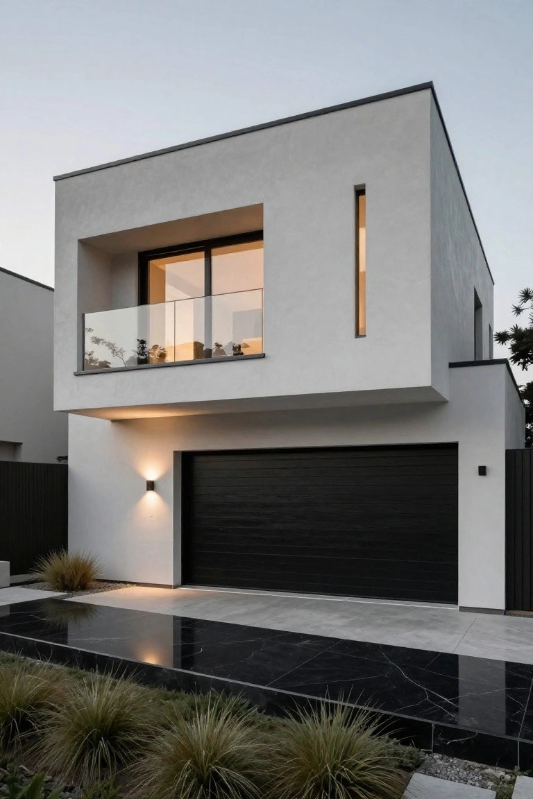 Modern two-story white house with a large black horizontal garage door, a glass balcony on the upper level, and a narrow vertical window above the door.