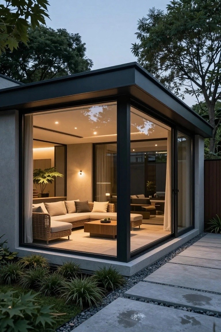 Modern glass house with lit interior sofa, coffee table, and garden patio at dusk.