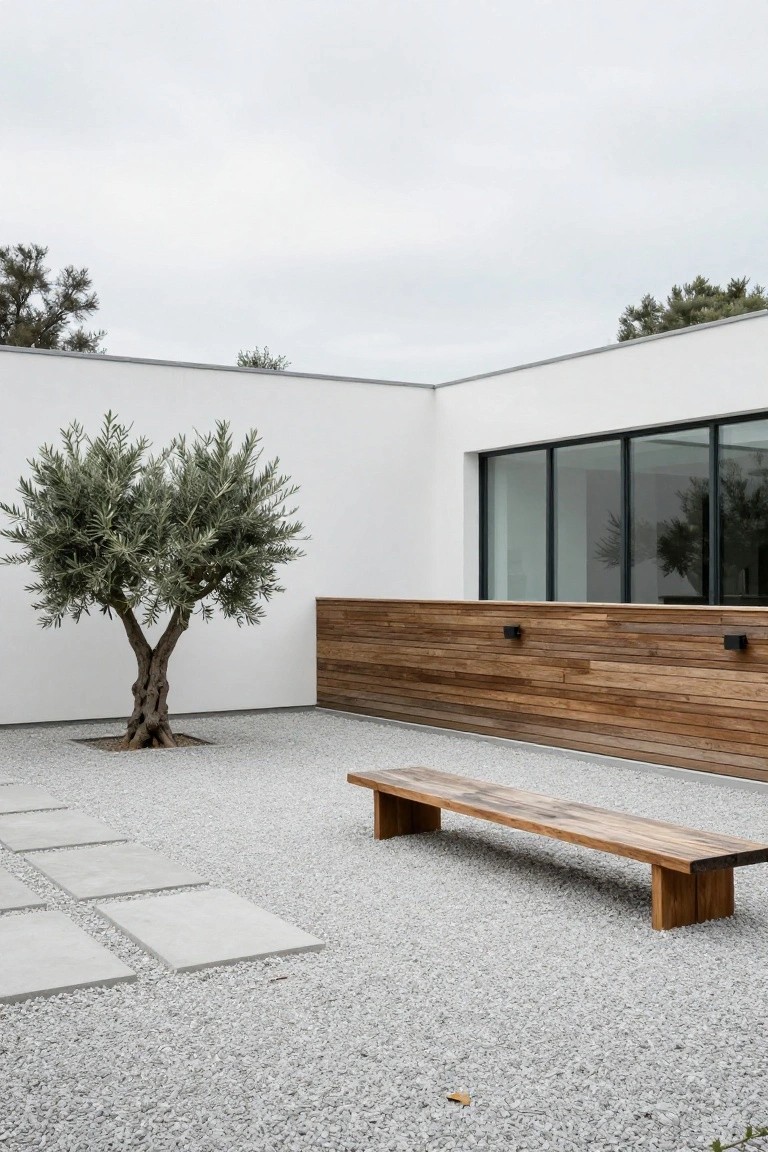 A minimalist courtyard with white walls, a gravel surface, a wooden bench, square stone pavers, and an olive tree beside a modern building with large windows.