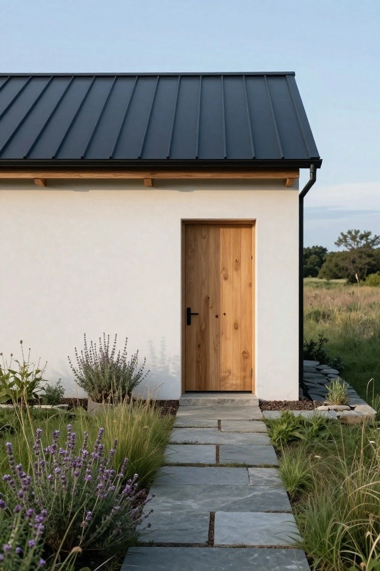 A white minimalist house exterior with a centered wooden door, dark metal roof, and a stone pathway leading through garden plantings.