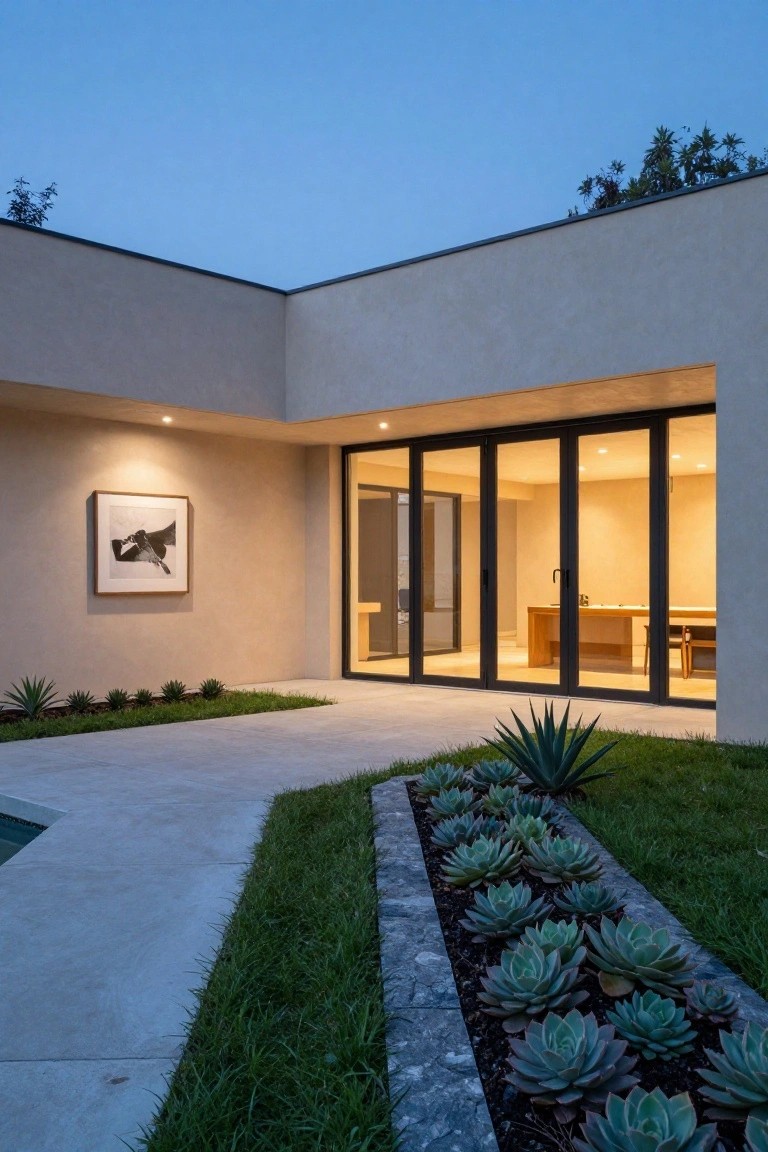 A modern villa exterior at dusk with large open glass doors, a paved courtyard, wall art on stucco, and a foreground garden bed of succulents lined with stone next to grass.