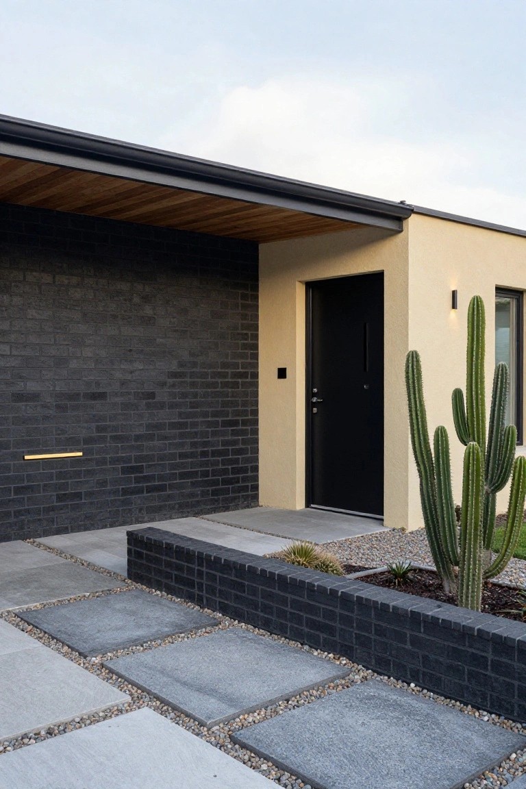 Modern house exterior featuring a black front door set in a light beige wall next to a dark brick section, with stone pavers and gravel leading to the entrance and tall cacti on the right.