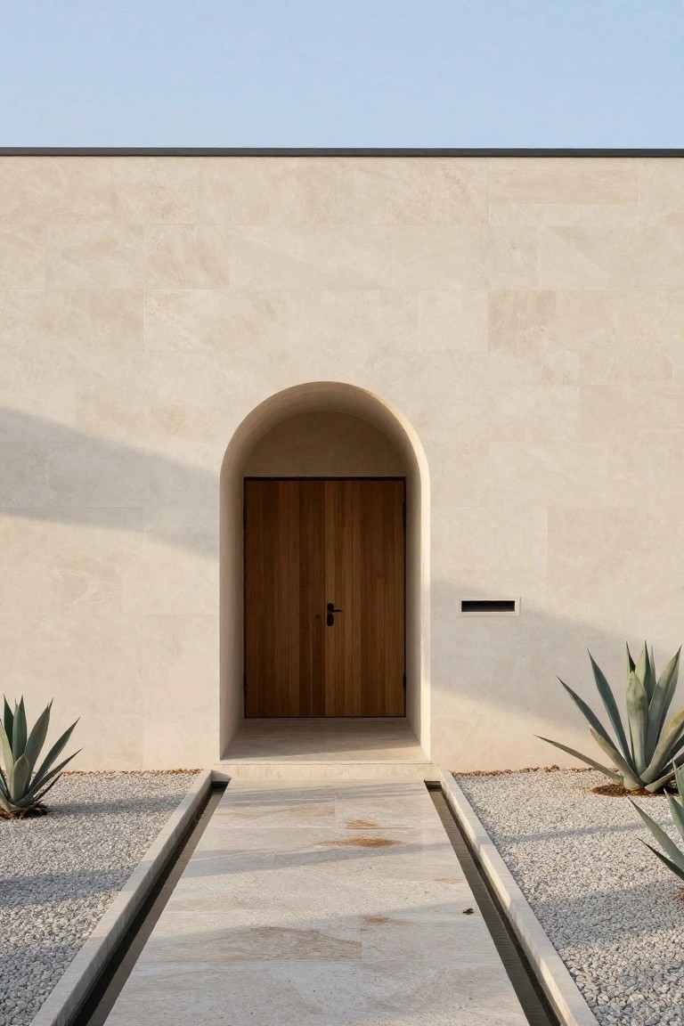Arched wooden door in minimalist beige stone wall with gravel path and agaves
