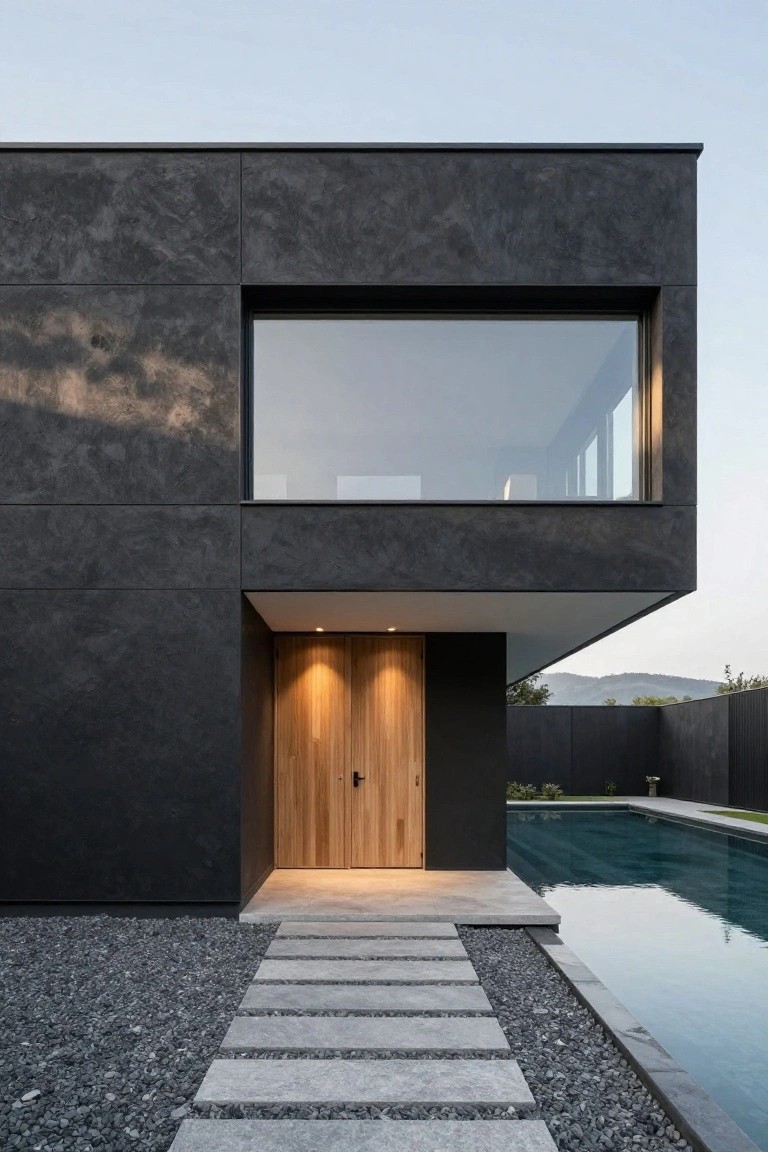 Modern villa exterior with dark textured walls, a recessed wooden double door entry, large window above, and stone pathway leading to the entrance beside a pool.