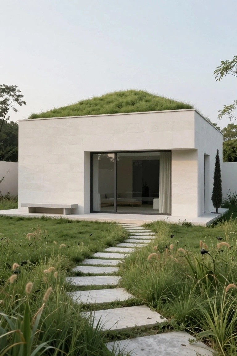 A minimalist white villa with a grass roof and a stone path leading across a lawn to large glass sliding doors.