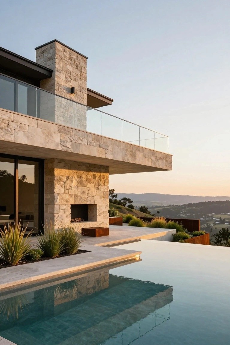 Modern villa exterior with stacked stone chimney and fireplace beside an infinity pool, glass railings, and open landscape beyond.
