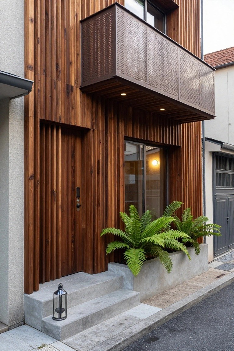 Modern home entrance with vertical wood cladding, a perforated metal balcony overhead, concrete steps, and a low concrete planter holding ferns.