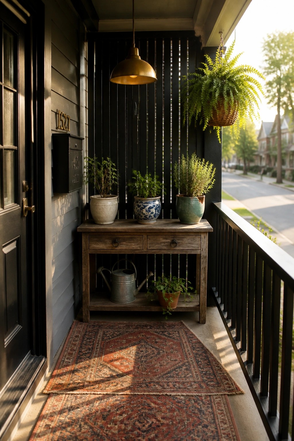 A wooden console table with several potted plants stands on a front porch next to a dark door, with a patterned rug on the floor and a hanging light overhead.