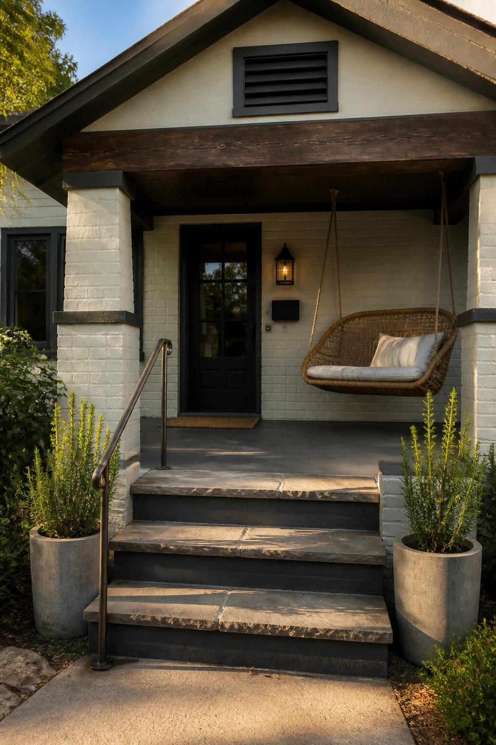 Front porch of a white brick house with stone steps, a black door, and a hanging wicker chair swing.