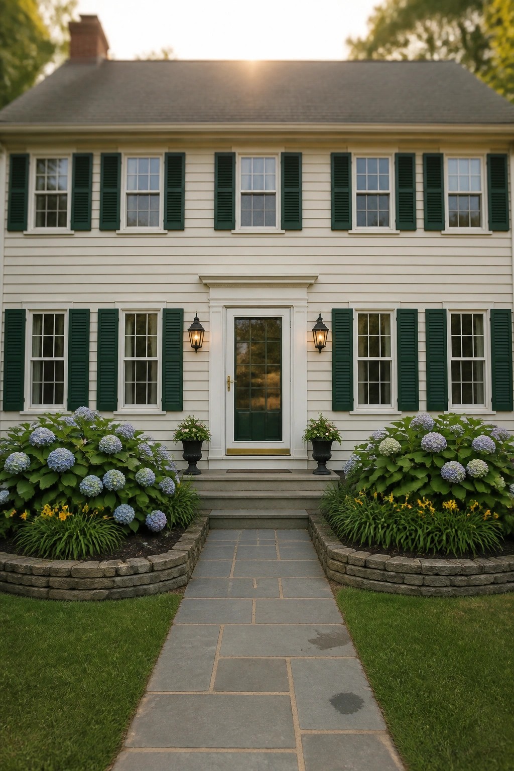 Two-story white house with green shutters, hydrangea beds, and stone walkway at sunset