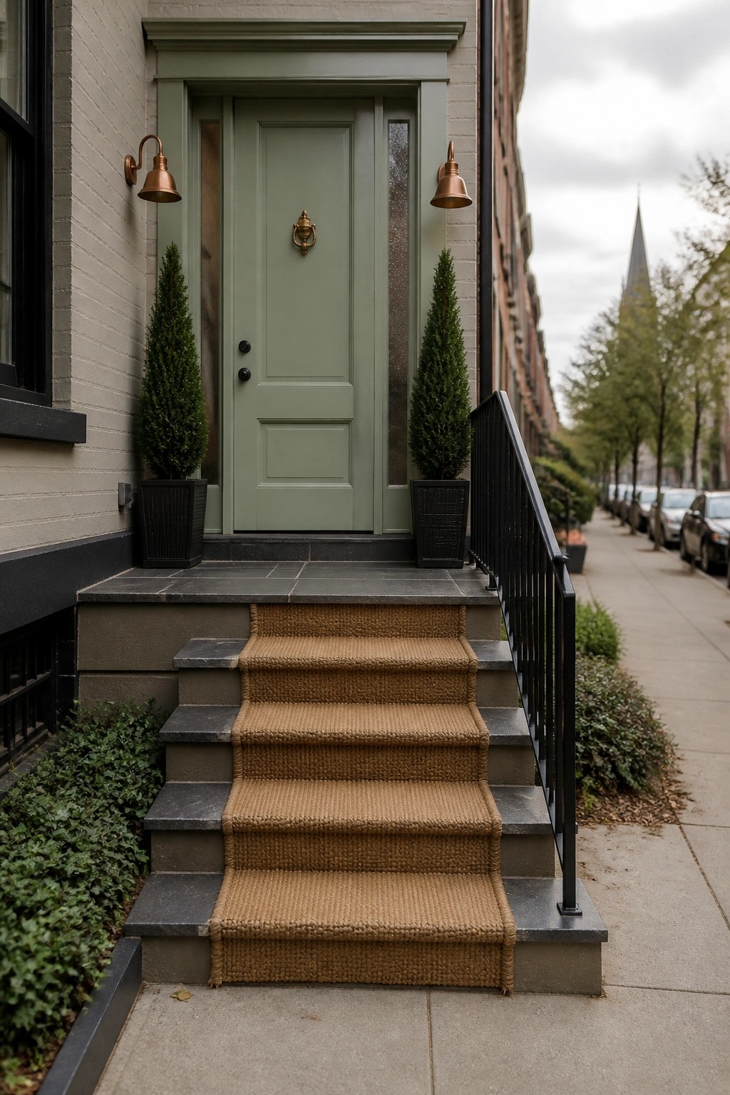 Front view of a house entrance with a sage green door, two potted evergreen shrubs, black metal railing, and woven mats on the stone steps.