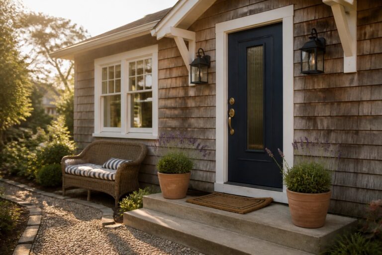 Front view of a house exterior showing a dark blue door with white trim, two potted plants on concrete steps, wall lanterns, and a gravel path bordered by stones.