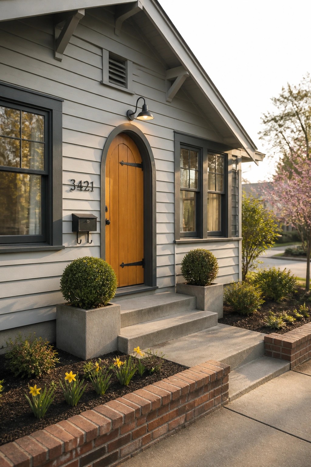 A light gray house exterior with an arched wooden front door, dark trim, concrete steps, and a brick garden border.