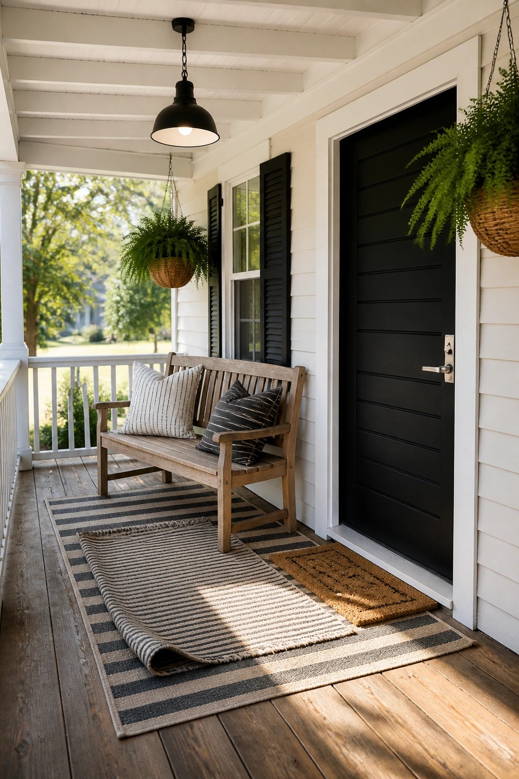 A wooden front porch with a bench, layered striped rugs, a black door, and hanging fern plants.