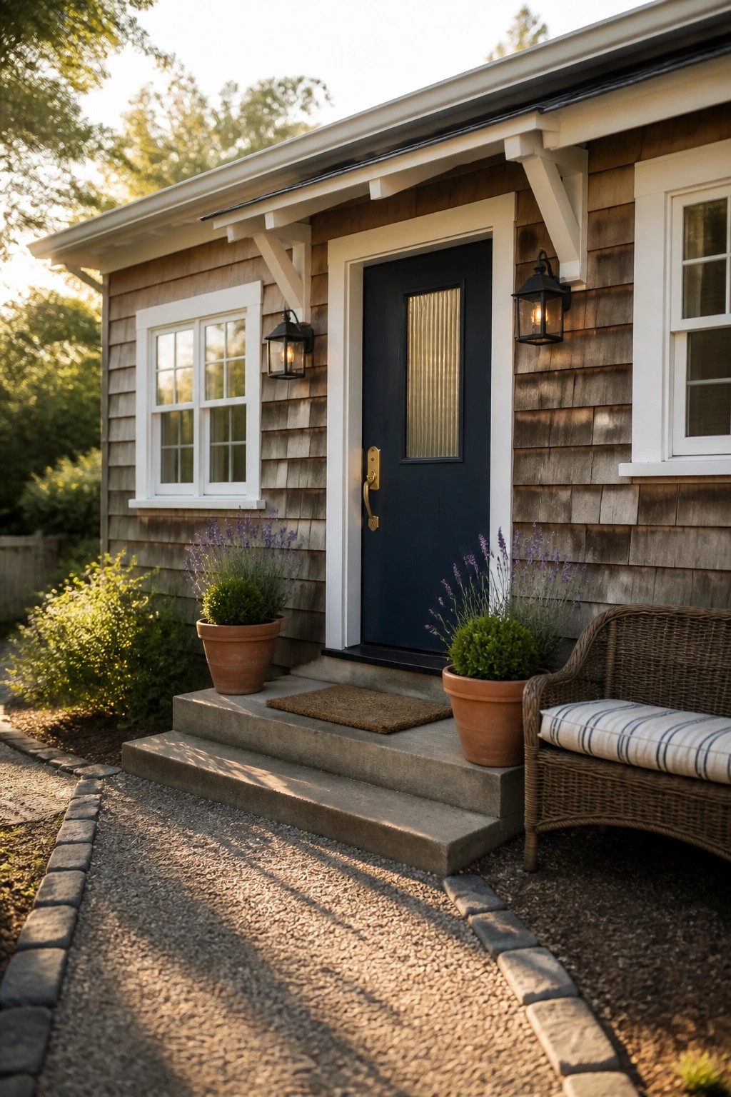 Front view of a house exterior showing a dark blue door with white trim, two potted plants on concrete steps, wall lanterns, and a gravel path bordered by stones.