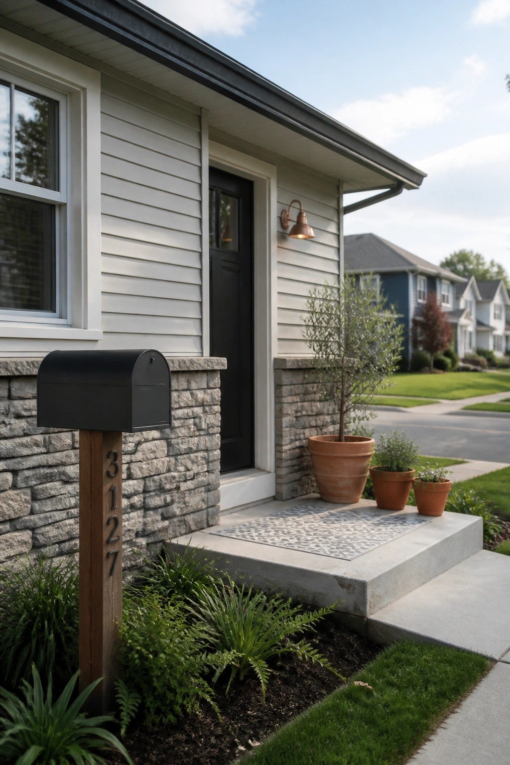 A house exterior with light siding, a black front door, stone porch walls, a black mailbox on a post, and potted plants beside the steps.