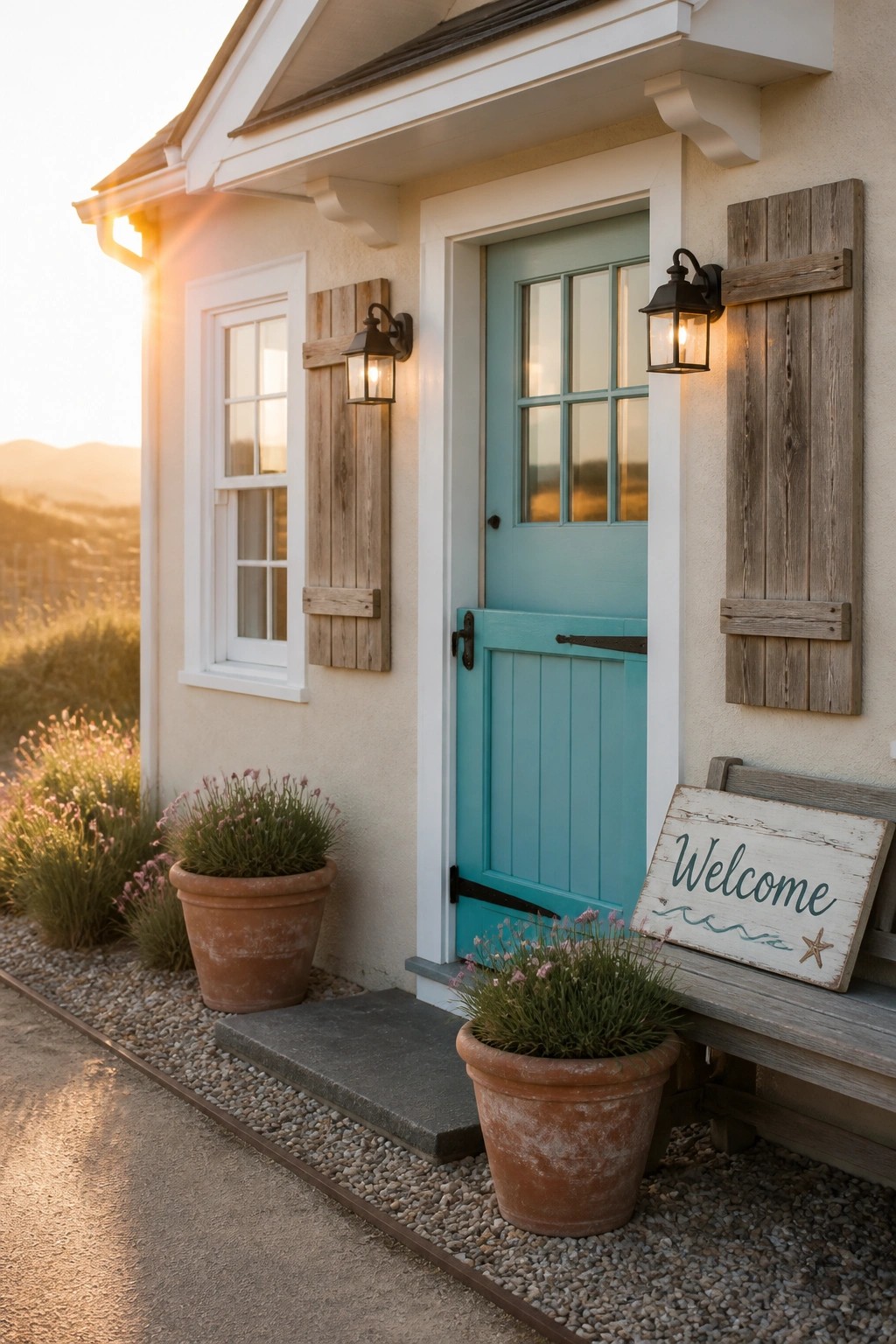 A house exterior with a turquoise front door, wooden shutters, two wall lanterns, potted plants, and a welcome sign on a bench.