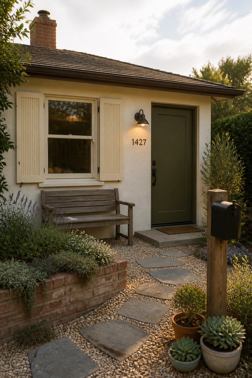 Cozy cottage with green door 1427, wooden bench, stone path, and potted succulents